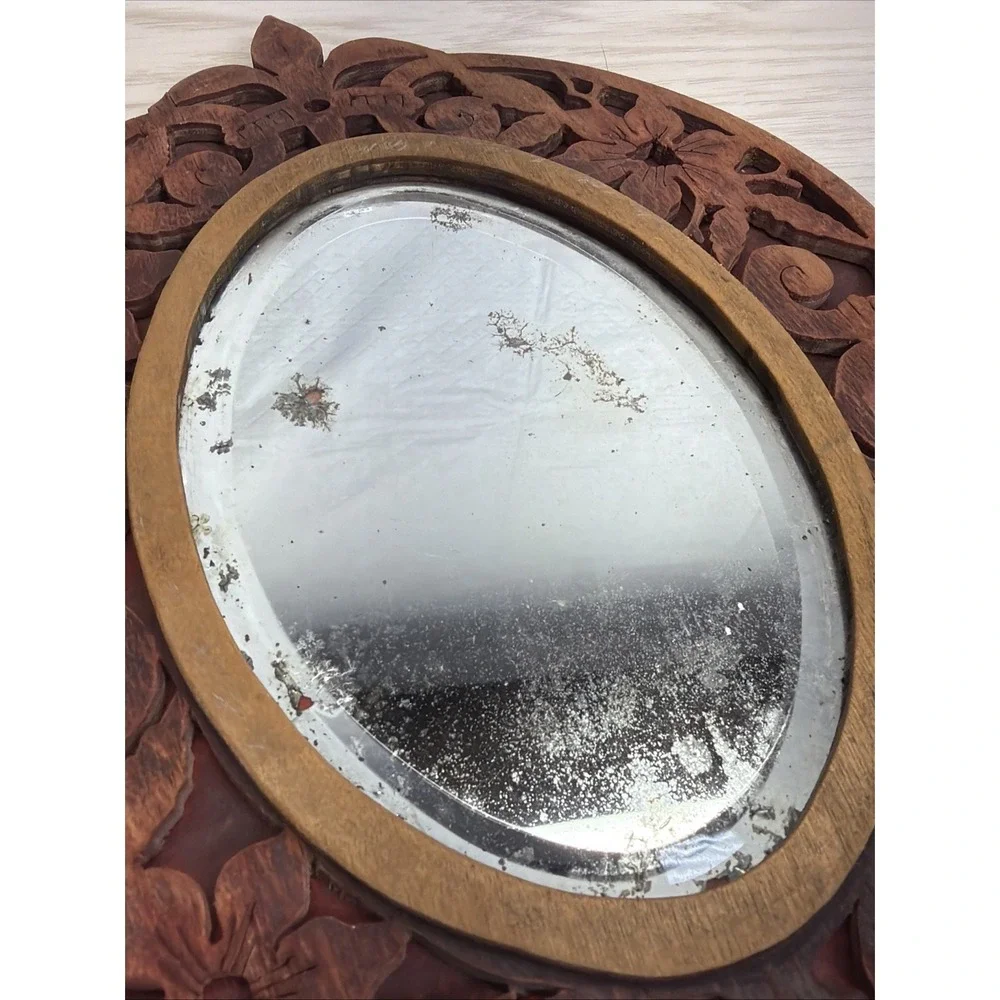 Rare Unique Lovely Antique Carved Wood / Floral Hand Mirror 15